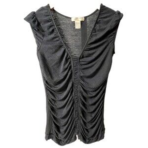 Kenar Black Y2K Tee Designer T-Shirt Medium Ruched Ruffle Short Sleeve V Neck‎